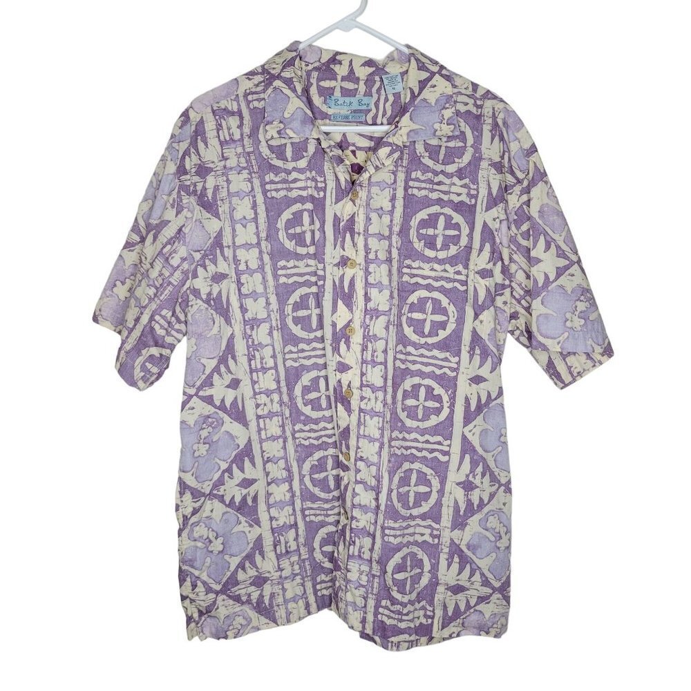 Batik Bay Men's Sz XL Purple White Reverse Print SS Button Front Hawaiian Shirt
